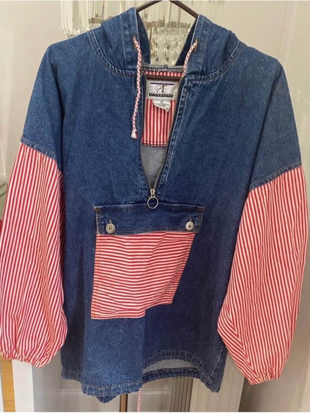 Vintage Denim  early 90s Hoodie /Pullover with Red & White Striped Sleeves